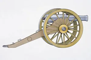 Illustration, cannon mounted on vehicle consisting of axle and two wheels Illustration, cannon mounted on vehicle consisting of axle and two wheels