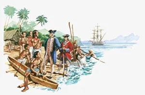 Illustration of Captain Cook arriving in Hawaiian islanders with canoes greeting Captain Cook Illustration of Captain Cook arriving in Hawaiian islanders with canoes greeting Captain Cook