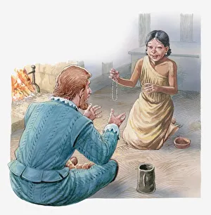Illustration of Captain John Smith and Pocahontas talking Illustration of Captain John Smith and Pocahontas talking