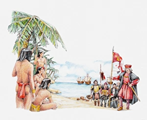 Illustration of Carib and Arawak people greeting Christopher Columbus on his arrival in Illustration of Carib and Arawak people greeting Christopher Columbus on his arrival in
