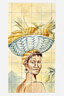 Illustration of Caribbean woman carrying basket of fruit on head Illustration of Caribbean woman carrying basket of fruit on head
