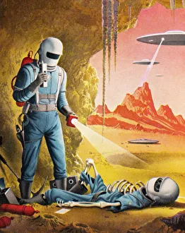 Illustration of cartoon spaceman finding dead colleague Illustration of cartoon spaceman finding dead colleague