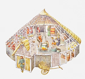 Illustration of a Celtic home showing cooking cauldron hanging on a cross-beam from the Illustration of a Celtic home showing cooking cauldron hanging on a cross-beam from the