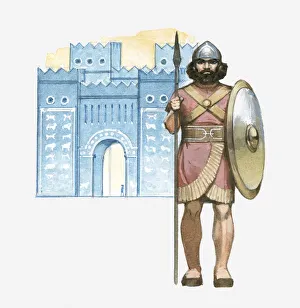 Illustration of Chaldean soldier with shield and spear standing in front of Babylons Illustration of Chaldean soldier with shield and spear standing in front of Babylons