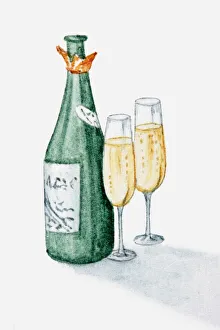 Illustration of champagne bottle and two glasses filled with champagne Illustration of champagne bottle and two glasses filled with champagne