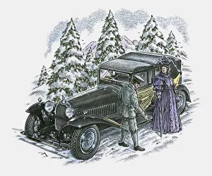Illustration of chauffeur and passenger next to Rolls Royce stranded on icy road Illustration of chauffeur and passenger next to Rolls Royce stranded on icy road