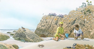 Illustration of children on beach on rocky coastline with birds, flora and sea life Illustration of children on beach on rocky coastline with birds, flora and sea life