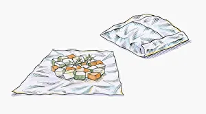 Illustration of chopped vegetables on foil and vegetables wrapped in foil parcel Illustration of chopped vegetables on foil and vegetables wrapped in foil parcel
