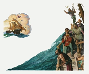 Illustration of Christopher Columbus in the Santa Maria ship and his crew looking for land Illustration of Christopher Columbus in the Santa Maria ship and his crew looking for land
