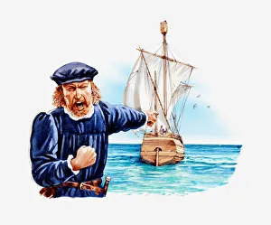 Illustration of Christopher Columbus shouting, shaking his fist and pointing at ship, the Pinta, out at sea Illustration of Christopher Columbus shouting, shaking his fist and pointing at ship, the Pinta, out at sea