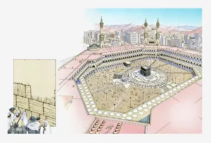 Illustration of the city of Mecca in Saudi Arabia and the Wailing Wall in the Old City of Jerusalem Illustration of the city of Mecca in Saudi Arabia and the Wailing Wall in the Old City of Jerusalem