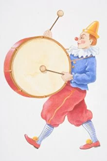 Banging Gallery: Illustration, clown banging large round drum while walking