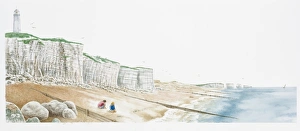 Illustration of coastline with lighthouse atop white cliffs, sea Illustration of coastline with lighthouse atop white cliffs, sea