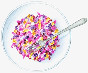 Illustration of colourful mashed petals in white bowl with fork on top Illustration of colourful mashed petals in white bowl with fork on top