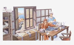 Illustration of Columbus at home with his wife and baby boy, studying maps of the Atlantic Illustration of Columbus at home with his wife and baby boy, studying maps of the Atlantic