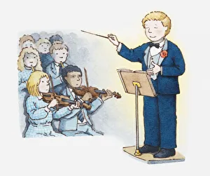 Illustration of conductor and part of an orchestra with violinists in the foreground Illustration of conductor and part of an orchestra with violinists in the foreground
