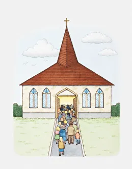 Illustration of congregation flocking into church Illustration of congregation flocking into church