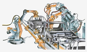 Illustration of conveyor belt and machinery in car factory Illustration of conveyor belt and machinery in car factory