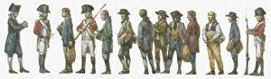 Illustration of convicts standing in disembarking line at Sydney Cove guarded by British Illustration of convicts standing in disembarking line at Sydney Cove guarded by British