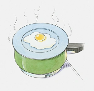 Illustration of cooking egg on heatproof plate over pan of boiling water Illustration of cooking egg on heatproof plate over pan of boiling water