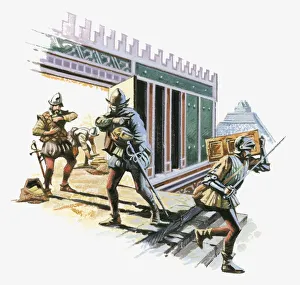 Illustration of Cortes and soldiers leaving city of Tenochtitlan as others loot gold Illustration of Cortes and soldiers leaving city of Tenochtitlan as others loot gold