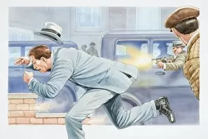 Movies Gallery: Illustration, crime scene, man in street being fired at with shotgun from car window