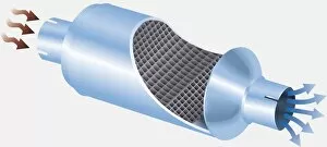 Fossil Fuel Gallery: Illustration, cross-section diagram of catalytic converter with arrows indicating the direction of