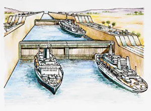 Illustration of cruise ships in row of canal locks Illustration of cruise ships in row of canal locks