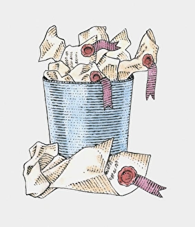 Illustration of crumpled parchment with seals in and next to wastepaper bin Illustration of crumpled parchment with seals in and next to wastepaper bin