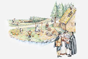 Illustration of daily life of pilgrim settlers and holding prayer meeting in Plymouth Illustration of daily life of pilgrim settlers and holding prayer meeting in Plymouth