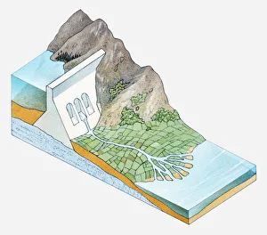 Illustration of dam in mountains and river flowing through agricultural landscape Illustration of dam in mountains and river flowing through agricultural landscape