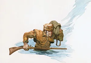 Illustration of Davy Crockett waist deep In river holding rifle and carrying rucksack above water Illustration of Davy Crockett waist deep In river holding rifle and carrying rucksack above water
