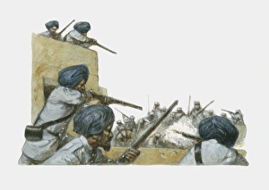 Illustration depicting sepoy firing on British soldiers during Indian Rebellion of 1857 Illustration depicting sepoy firing on British soldiers during Indian Rebellion of 1857