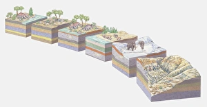 Illustration of the different stages of landform evolution and concurrent fossilization Illustration of the different stages of landform evolution and concurrent fossilization
