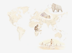 Illustration of distribution early human hunter-gatherers across the world from Mezherich in Ukraine, Mammoth Illustration of distribution early human hunter-gatherers across the world from Mezherich in Ukraine, Mammoth