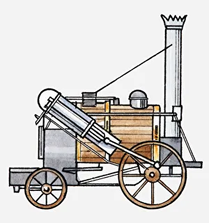 Illustration of early, steam-powered locomotive Illustration of early, steam-powered locomotive