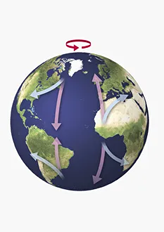 Illustration of the Earth with arrows indicating air movements towards and away from the equator Illustration of the Earth with arrows indicating air movements towards and away from the equator