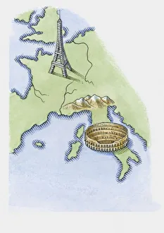 Illustration of Eiffel Tower in Paris and Colosseum in Rome on map of Europe Illustration of Eiffel Tower in Paris and Colosseum in Rome on map of Europe