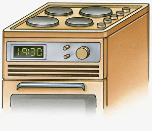 Illustration of electric range cooker with ceramic plate hobs, knobs, and digital clock Illustration of electric range cooker with ceramic plate hobs, knobs, and digital clock