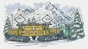 Illustration of electric train on curved railway track in mountains Illustration of electric train on curved railway track in mountains