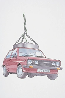 Illustration, electromagnet lifting red car Illustration, electromagnet lifting red car