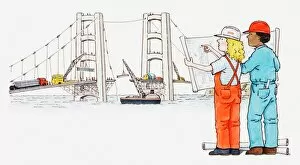 Incomplete Gallery: Illustration of two engineers looking at blueprint for bridge that is under construction in the background