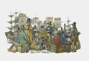 Illustration of European immigrants waiting at docks after arrival in America Illustration of European immigrants waiting at docks after arrival in America