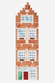 Illustration of facade of typical Amsterdam house with stepped gable Illustration of facade of typical Amsterdam house with stepped gable