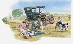 Illustration of family having picnic in countryside near car Illustration of family having picnic in countryside near car