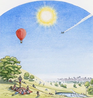 Illustration of family having picnic on lush hillside overlooking cityscape, with bright sunshine, hot air balloon and commercial aircraft above Illustration of family having picnic on lush hillside overlooking cityscape, with bright sunshine, hot air balloon and commercial aircraft above