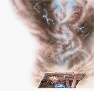 Illustration of farmer Will Keller looking at twister from underground shelter seeing Illustration of farmer Will Keller looking at twister from underground shelter seeing