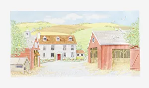 Illustration of a farmhouse and farmyard against countryside backdrop Illustration of a farmhouse and farmyard against countryside backdrop