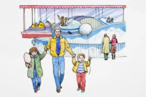 Illustration of father walking with children at amusement park Illustration of father walking with children at amusement park
