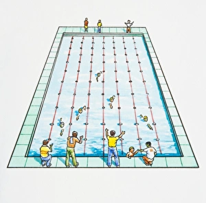 Illustration of fathers standing at edge of swimming pool supporting children in race Illustration of fathers standing at edge of swimming pool supporting children in race